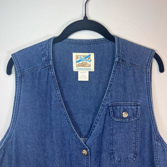 TravelSmith Women's Utility Vest Blue Denim Buttons Pockets Fishing Hiking Large - Picture 3 of 16